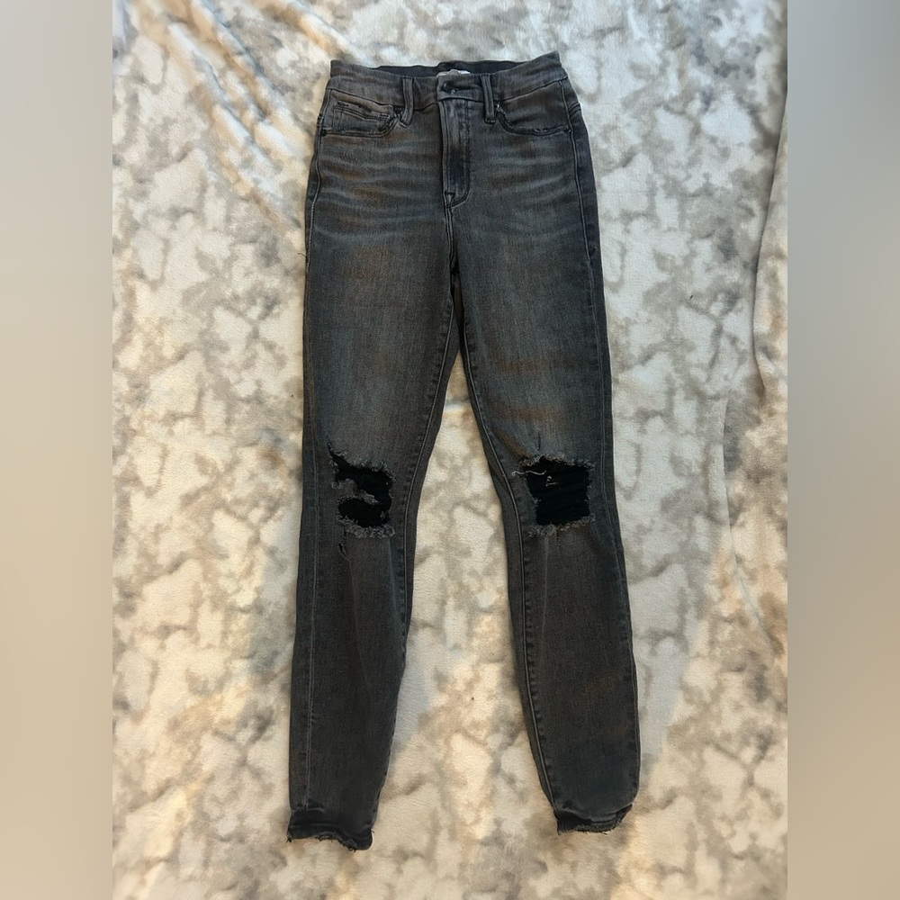 Good American Black/Charcoal Ripped Skinny Jeans
